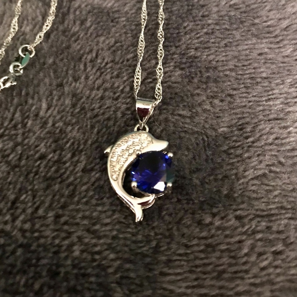 Blue Moissanite Dolphin Sterling Silver Necklace 2ct certified
